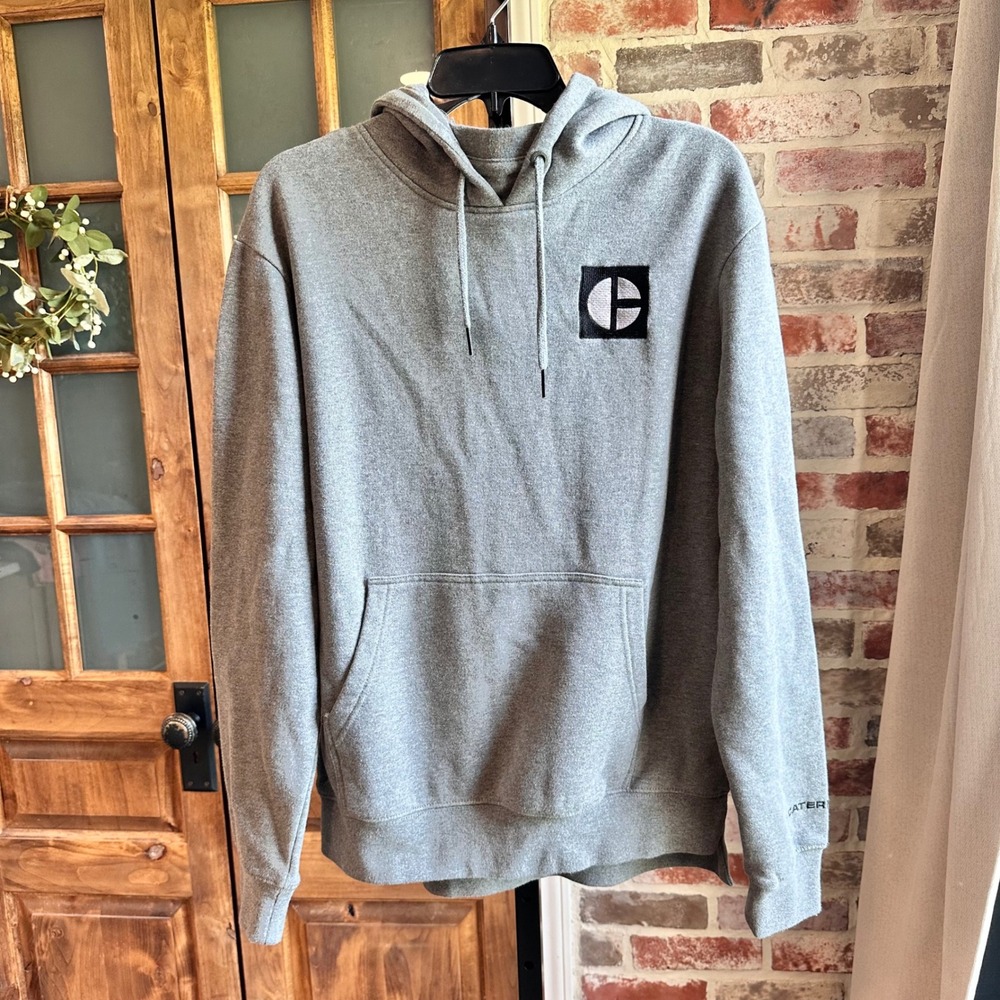 Caterpillar Hoodie Men Gray Logo Patch Pullover Workwear Casual Sweatshirt Large